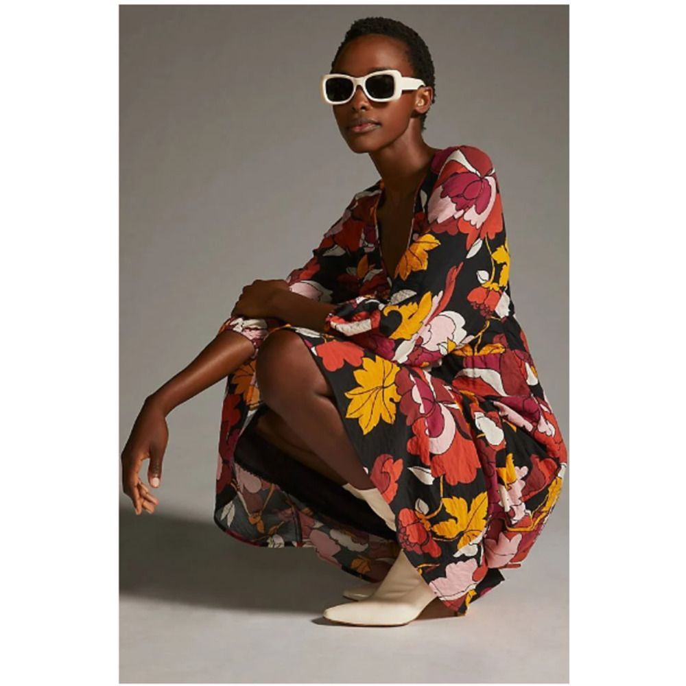 Anthropologie Maeve Fall Floral Long Midi 3/4 Puff Sleeve Dress US 18W - Picture 5 of 12